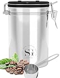 Stainless Steel Coffee Canister - CO2 Escape Valve - Free eBook & Scoop - 16 Ounce Capacity Airtight Coffee Container