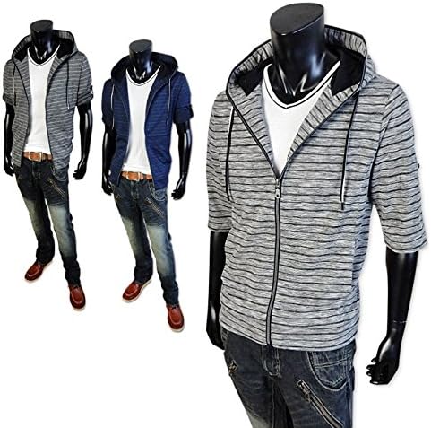 Amazon ネイビー M メンズ アウター フルジップパーカージャケット 5分袖 Notabene ノータベネ かすれボーダー柄 袖ロールアップ トレーナー パーカー 通販