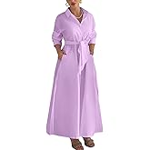 Choichic Shirt Dresses for Women Oversized Side Slit Long Sleeve Button Down Maxi Dresses Cover Up with Pockets Belt