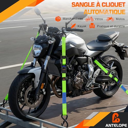 A ANTELOPE Automatic Lashing Strap 3.6 m x 25 mm, Pack of 4 Automatic Lashing Strap Reel, 340 kg/680 kg, Retractable Tie Down Straps with Ratchet and S Hooks for Motorcycle, Kayak and Truck, Green