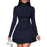 LAGSHIAN Women's High Neck Ruffle Hem Mini Dress Long Sleeve Ruched Short Club Party Dresses