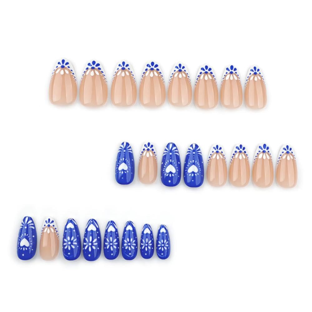 Blue White Totem Press on Nails French Tip Fake Nails Short Almond False Nails with Design Heart Glue on Nails Glossy Artificial Acrylic Full Cover Nude Stick on Nails for Women Manicure 24Pcs - Image 4