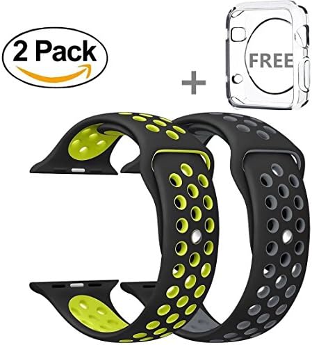 Apple Watch Band 42mm, YooTek Soft Silicone Replacement Band with Quick Release for Apple Watch 3/2/1/Edition, 2 Pack with free iWatch screen Protector (Black/Gray + Volt Yellow/Black)