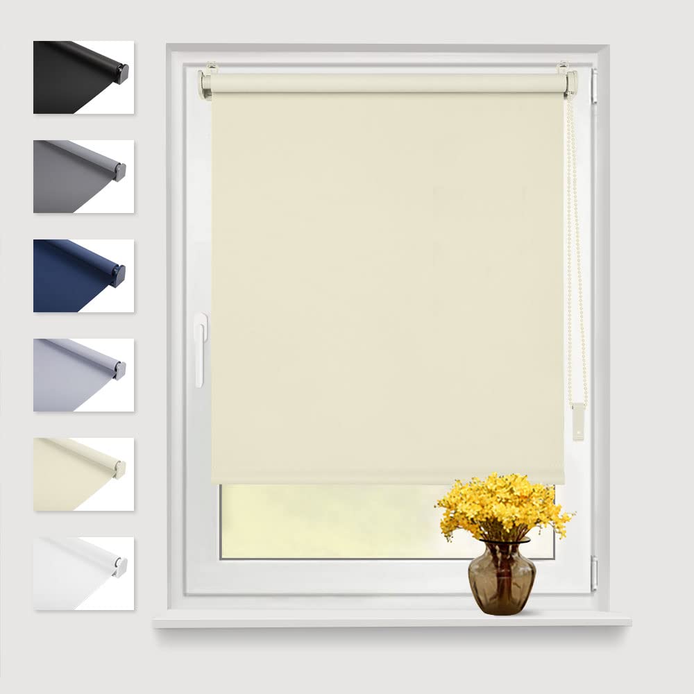 Eurohome Blackout Roller Blind Thermal Roller Blind 65x130 cm (Fabric Width 61 cm) Cream Klemmfix No Drilling with Same Colour Coating Side Pull Blind Oeko-Tex Standard 100 Clamping Roller Blind for