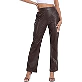 Women's Pull On Faux Leather Pants Black High Waisted PU Leather Kick Flare Pants with Pockets