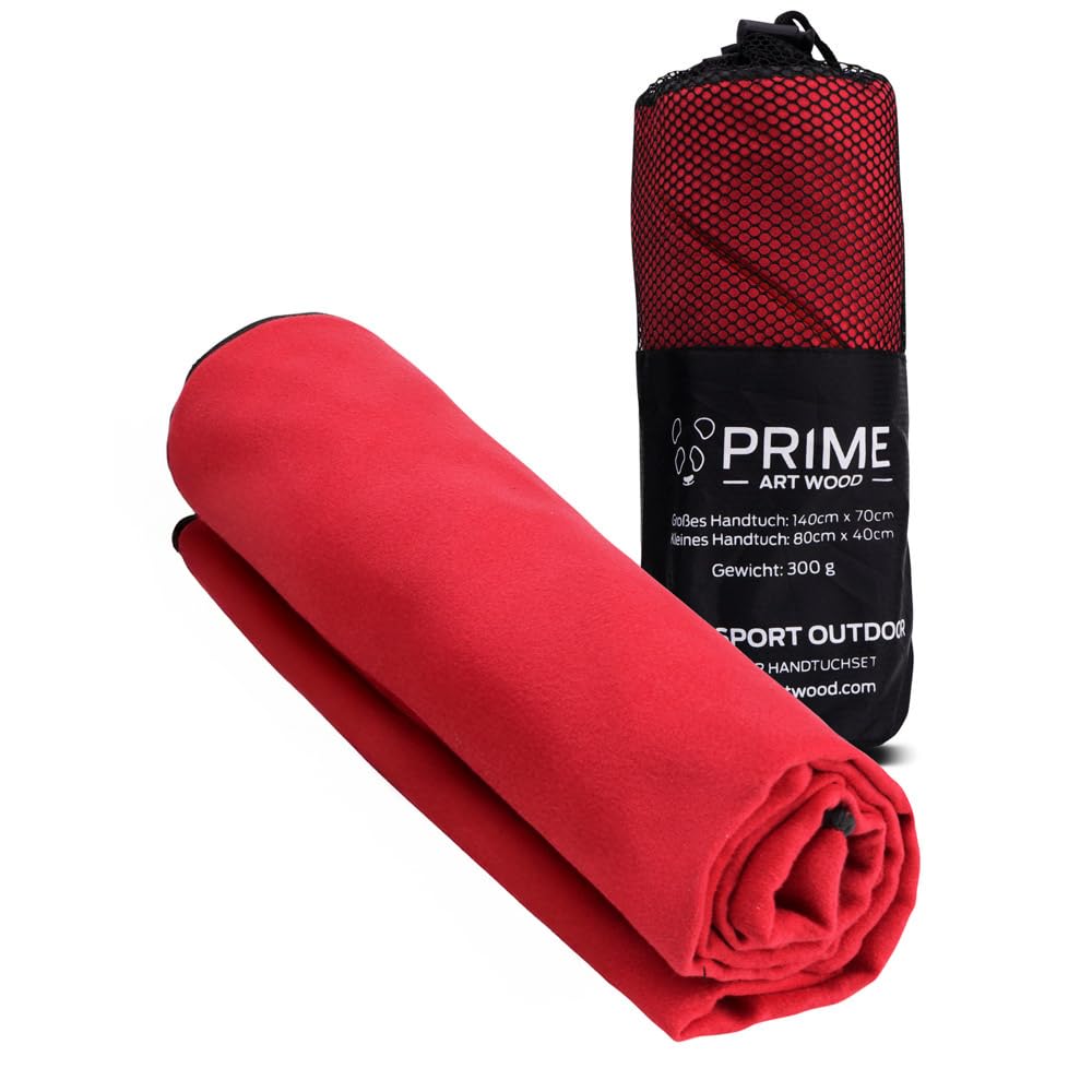 Prime Art Wood® Microfibre Hand Towels Set of 2 (70 x 140 cm and 40 x 80 cm) Quick-Dry, Extremely Absorbent, Ultralight Travel Towel Set with Bag - Ideal for Outdoor, Travel, Camping, red, 140x70cm