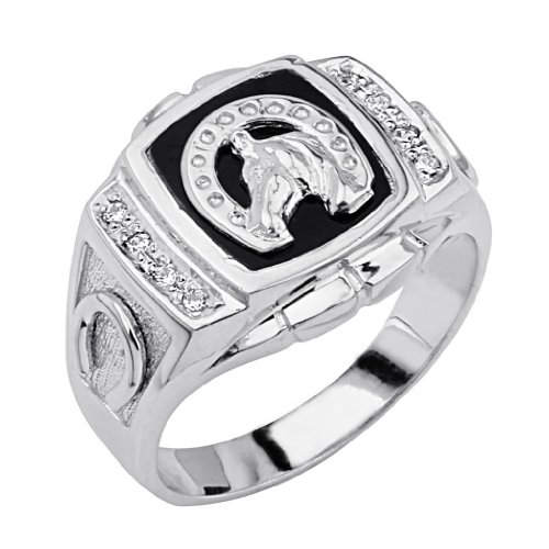 .925 Sterling Silver Rhodium Plated Lucky Horseshoe Embossed Men's Ring