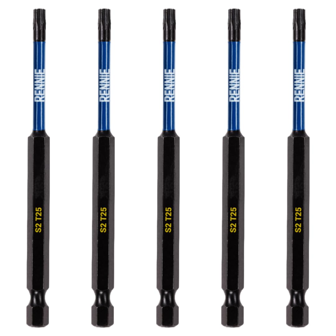 5 x Rennie Tools 100mm Long T25 TX25 Impact Screwdriver Driver Bits Set. Heavy Duty Magnetic Torx Screwdriver Bit Set. Black Oxide Coated Torx Impact Driver Bits. Torx Bit Set.