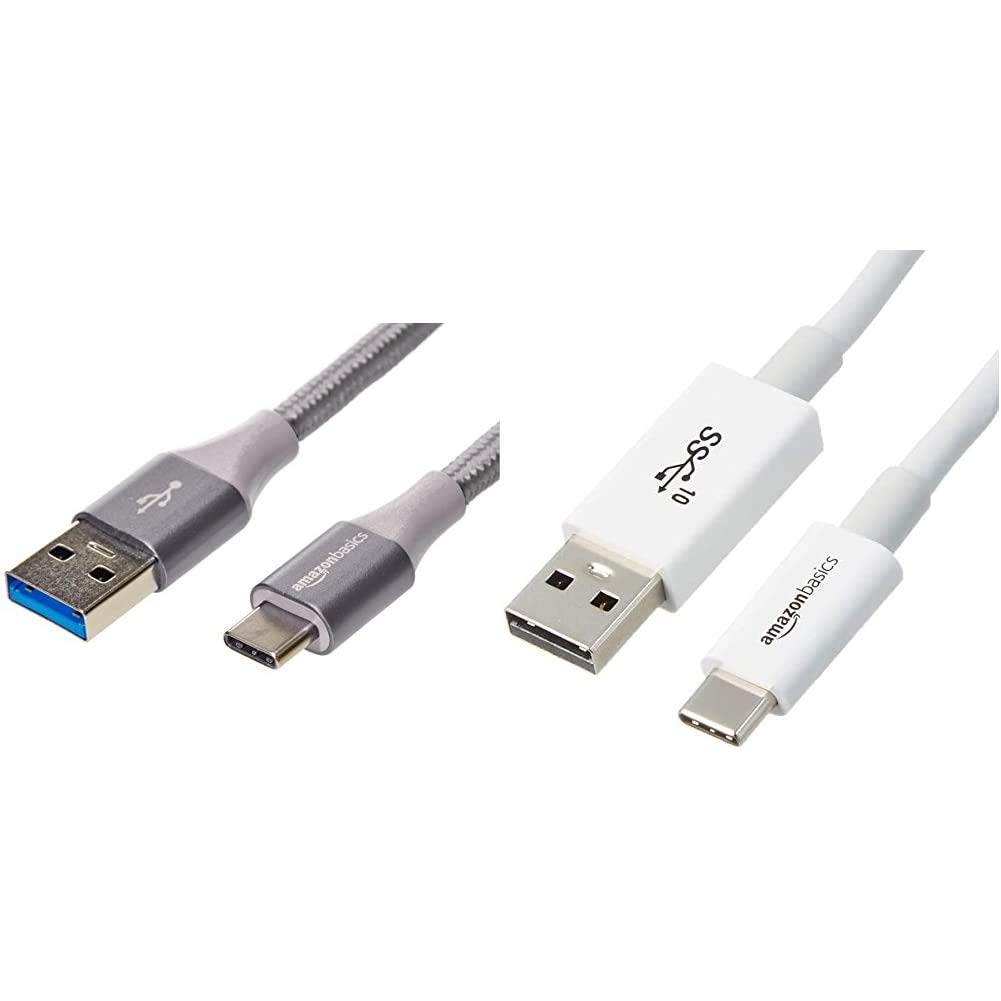 Amazon Basics Double Braided Nylon USB Type-C to Type-A 3.1 Gen 2 Cable | 0.9 m, Dark Grey & USB Type-C to USB-A Male 3.1 Gen2 Cable - 0.9 m - White