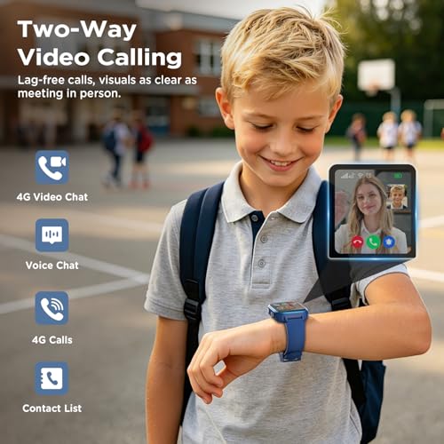 Nuevo 4G Reloj Inteligente Niño con Videollamada & GPS, Smartwatch Niños con SOS, Chat de Voz, Modo Escuela, Podómetro, Despertador, Monitor de Sueño IP68 Impermeable Regalo para Niños Niñas, Azul