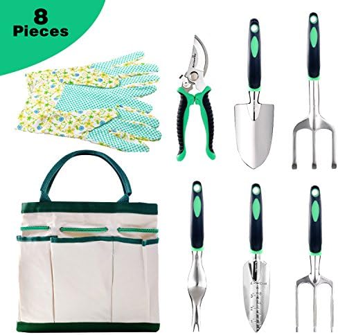 Butterfly Love Garden Tool Set, 6 Piece Stainless Steel Heavy Duty Gardening Kit with Soft Rubberized Non-Slip Handle -Durable Storage Tote Bag and Gloves for Digging Planting