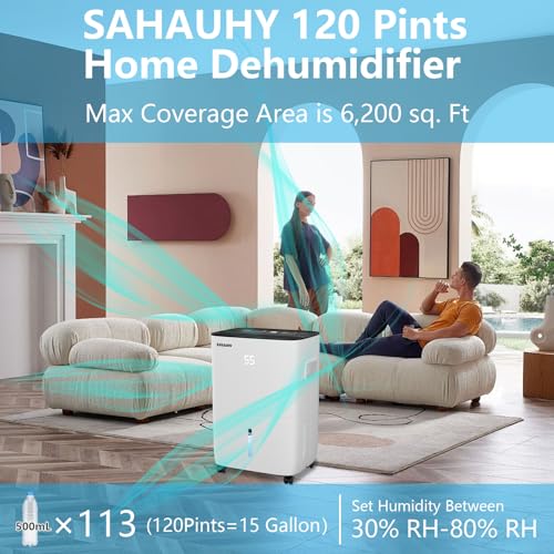 SAHAUHY 120 Pints Dehumidifier for Basement Home Bedroom Garage Space up to 6200 Sq.Ft with Drain Hose,Water Tank and Wheel