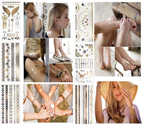 ALLICERE 6 Sheets Gold Silver Glitter Temporary Boho Metallic Henna Tattoos Fake Waterproof Tattoos Stickers for women and girls