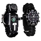 Survival Bracelet Watch, Men/Women Waterproof Emergency Survival Watch with Paracord Whistle Fire Starter Scraper Compass and Thermometer, 6 in 1 Multifunctional Outdoor Gear (Black)