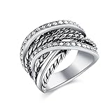 Mytys Retro Vintage Silver Interwined Crystal Fashion Statement Silver Band Rings(9)