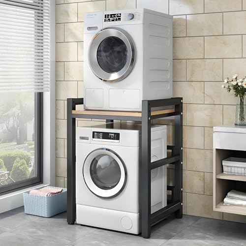 Dryer Stand Height Adjustable, Portable Stacking Kit for Front Loader Washing Machine & Tumble Dryer, Storage Rack Over Washing Machine Storage Unit, 400kg Load Capacity BlackFrame Black