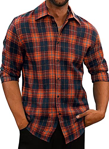 JMIERR MEN’S FALL FASHION LONG SLEEVE BUTTON UP LIGHTWEIGHT FLANNEL COTTON PLAID SHIRTS BUSINESS CASUAL DRESS SHIRTS, US 50(2XL), BURNT ORANGE