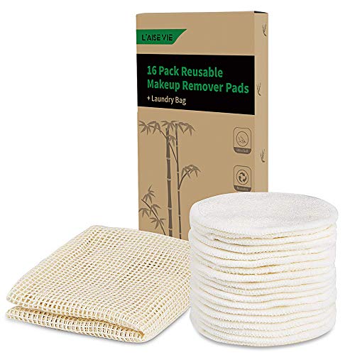 16 Pack Organic Reusable Makeup Remover Pads, Bamboo Cotton Rounds Makeup Pads Washable Facial Cleansing Cloths for Eye Makeup Remove Face Wipe