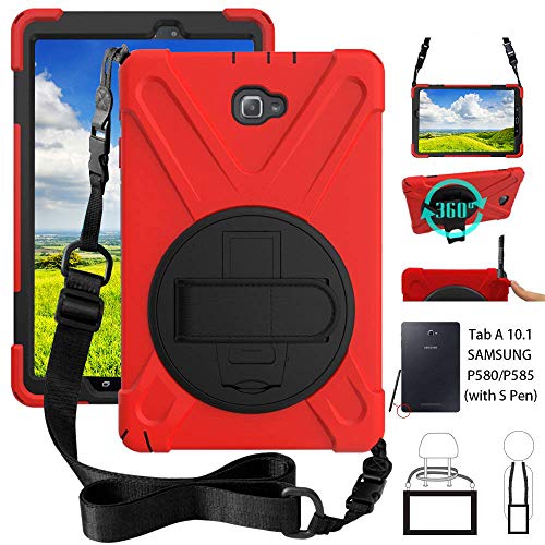 Samsung Galaxy Tab A 10.1 Case 2016, P580 P585 Cover with S Pen Version, Heavy Duty Rugged Soft Silicone Shockproof Case w/ Rotatable Stand Hand Strap Should Belt for Tab A 10.1 inch 2016, Black