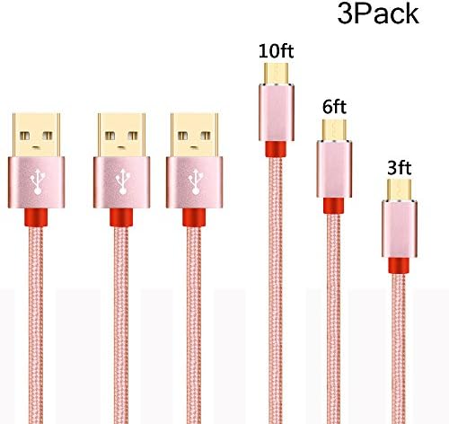 Shulian Micro USB Cable [3-Pack 3ft 6ft 10ft ] High Speed Extra Long Nylon Braided Android Charger Cables Data Lines Nylon Braided Tangle for Android, Samsung,Nexus, LG, HTC, Nokia, Sony (Pink)