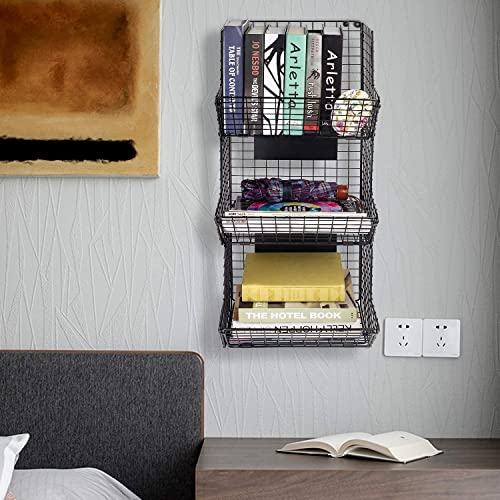 KELIVOL 3Tier Metal WallMounted Wire Baskets with 5 Hooks, 2 Hanging