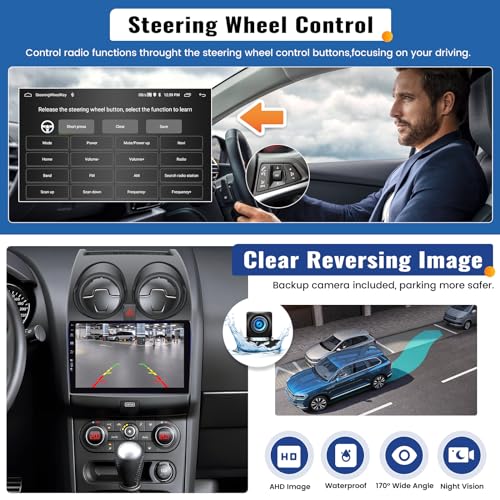 SIXWIN 2GB+64GB Android 13 Car Radio for Nissan Qashqai J10 2006-2016 with CarPlay/Android Car, HD 9 Inch Touchscreen Screen Navigator with WiFi RDS FM USB Bluetooth Mirror Link Steering Wheel Controls