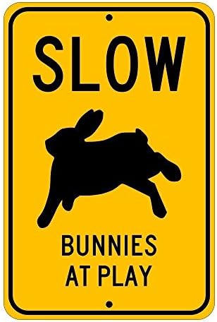 Slow, Bunnies at Play; pet rabbit novelty sign, aluminum, 6"x9", glossy black on caution yellow
