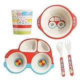5 Piece Bamboo Dinnerware for Kids, Toddler, Car Plate and Bowl Set, BPA Free, Eco Friendly and Dishwasher Safe, Great Gift for Birthday, Baby Shower