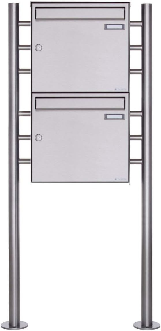 2er Standbriefkasten - 2 fach Briefkastenanlage Design BASIC 381 - Briefkasten Manufaktur Lippe (2 Parteien, senkrecht, Edelstahl)