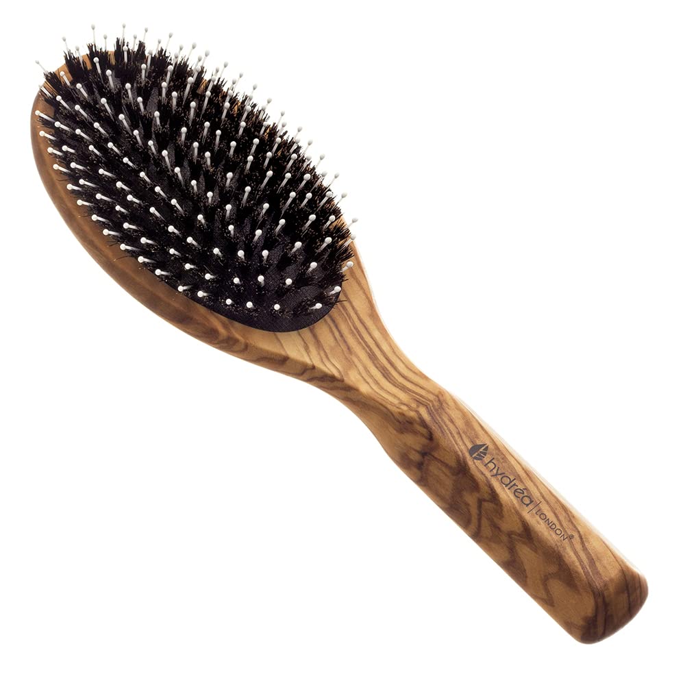 Hydréa London Olive Wood Hair Brush with Boar Bristle Nylon Pins & No Pull Comfort Cushion – Luxury Detangler for Women & Men - Medium to Thick Hair