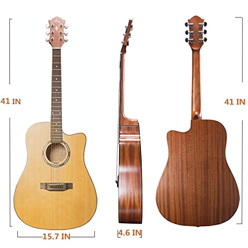 Beginner Acoustic Guitar Ranch 41" Full Size Solid Wood Cutaway Beginners Steel String Guitars Kit Bundle with Gig Bag/Tuner/Capo/Strings/Strap/Picks Set Starter Guitar Pack for Adults (Dreadnought)