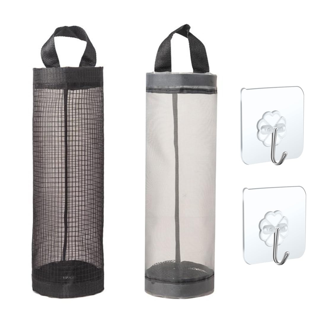 ZKSXOA 2 Pcs Plastic Bag Holder, with 2 Pcs Hooks, Hanging Garbage Bag Holder, Breathable Mesh Grocery Bag Holder, Foldable Net Hanging Storage Bags, for Home Kitchen Garbage Bag Shopping Bag