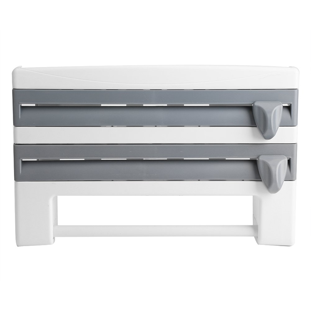 Wakects 4 in 1 Kitchen Roll Holder, Paper, Film & Foil Dispenser, Wall Mount, Grey, Plastic