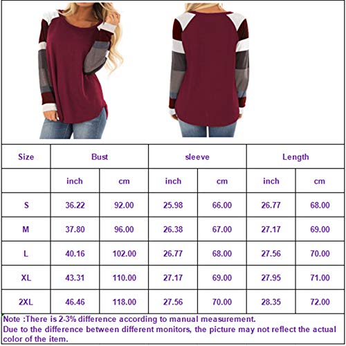 IMIDO Womens U Neck Tops Striped Color Block T-Shirts Casual Pullover Lightweight Long Sleeve Tunic Blouses (XL, A-Wine Red)