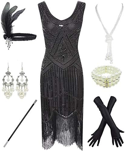 1920s Gatsby Sequin Fringed Paisley Flapper Dress with 20s Accessories Set