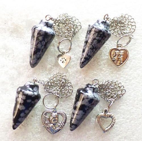 New Elegant Beautiful Mixed Stone Pendulum With Silver Heart Pendant Bead Hanging Keychain Jewelry Making Charms Gift 4 Pcs Chinese Snowflake Obsidian