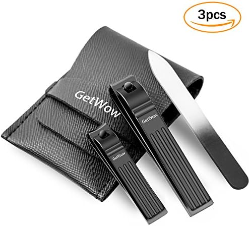 Travel Manicure Set,Black Stainless Steel Sharp Nail Clipper Set+Glass Nail File for Fingernail &amp; Toenail,Deluxe Nail Cutter Kits with Leather Case(Set of 3)