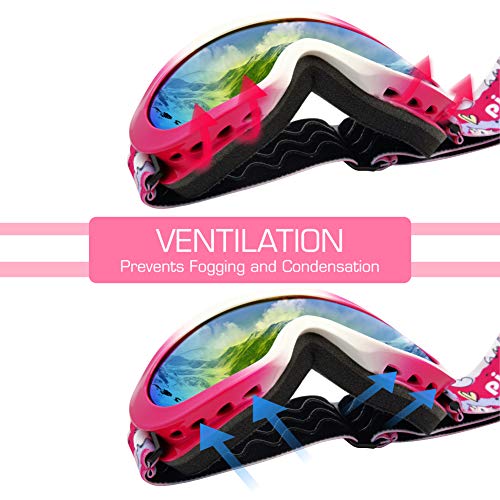 PP PICADOR Kids Ski Goggles, Kid Snow Snowboard Goggles for Boys Girls 4-7 with Over Glasses OTG Design Anti-Fog Lens 100% UV Protection Helmet Compatible(Gradual Pink)