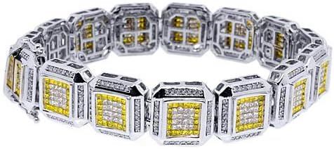14k White Gold Mens Square Canary Yellow Diamond Link Bracelet 9.85 Carats