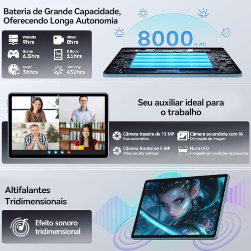 Tablet Xixaomiro S11 Pad 10.1" Android 15, 256GB ROM + 20GB RAM, Tela 120Hz, Octa-Core, Câmera 13MP + 5MP, Bateria 8000mAh, Kit com Teclado, Mouse e Caneta Stylus para Trabalho e Estudos (Azul)