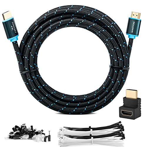 Maximm High-Speed HDMI 2.0 4K Nylon Braided Cable, 25 Feet - 1-Pack - 28 AWG (Includes Cable Clips, Ties and Right Angle Adapter)