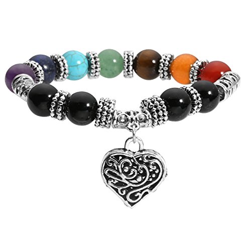 MILAKOO - Pulsera de cuentas de piedra con equilibrio curativo de 7 chakras, pulseras con dijes de corazón de Yoga Reiki
