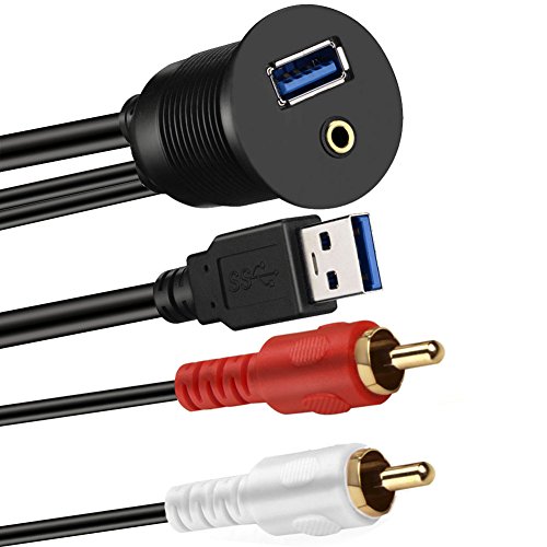 BATIGE USB 3.0 & 2 RCA Male To 3.5mm USB3.0 Female Car Mount Flush Cable 2RCA USB 3.0 Flush Mount Extension Cable - 3ft