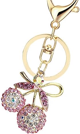 D004 Fancy Pink Crystal Cherry Fruit Keychain Key Ring