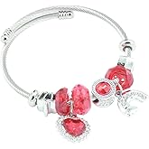 JASKFG Twisted Cable Bracelet with Red Crystals and Charms, Silver Tone