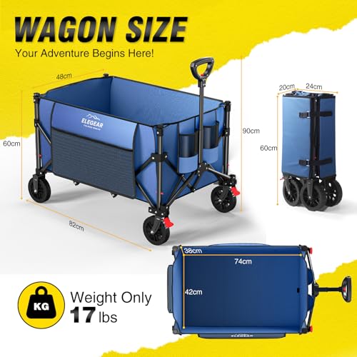 Elegear Folding Beach Cart with Wheels 150L, Folding Garden Cart with Adjustable Handle and Cup Holder, Foldable Transport Cart for Camping Shopping Sports, Blue
