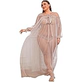 UPVV Women Long Mesh Nightgowns and Underpants Lace Babydoll Lingerie Sleepwear See Through Robe with Sleeve