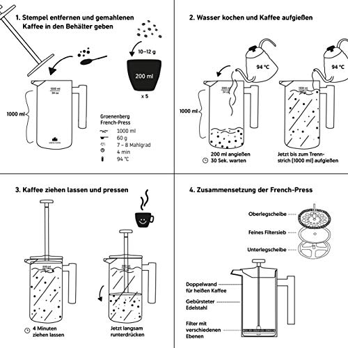Groenenberg French Press aus Edelstahl | 1 Liter (5 Tassen) | Erhältlich in 3 Größen | Thermo Kaffeebereiter… – Bild 7