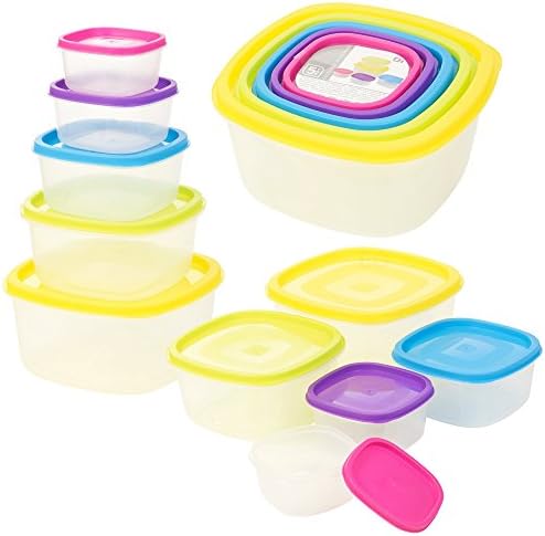 EG Homeware 5 X Clear Plastic Food Storage Box Containers With Multi Colour Lids Stacking