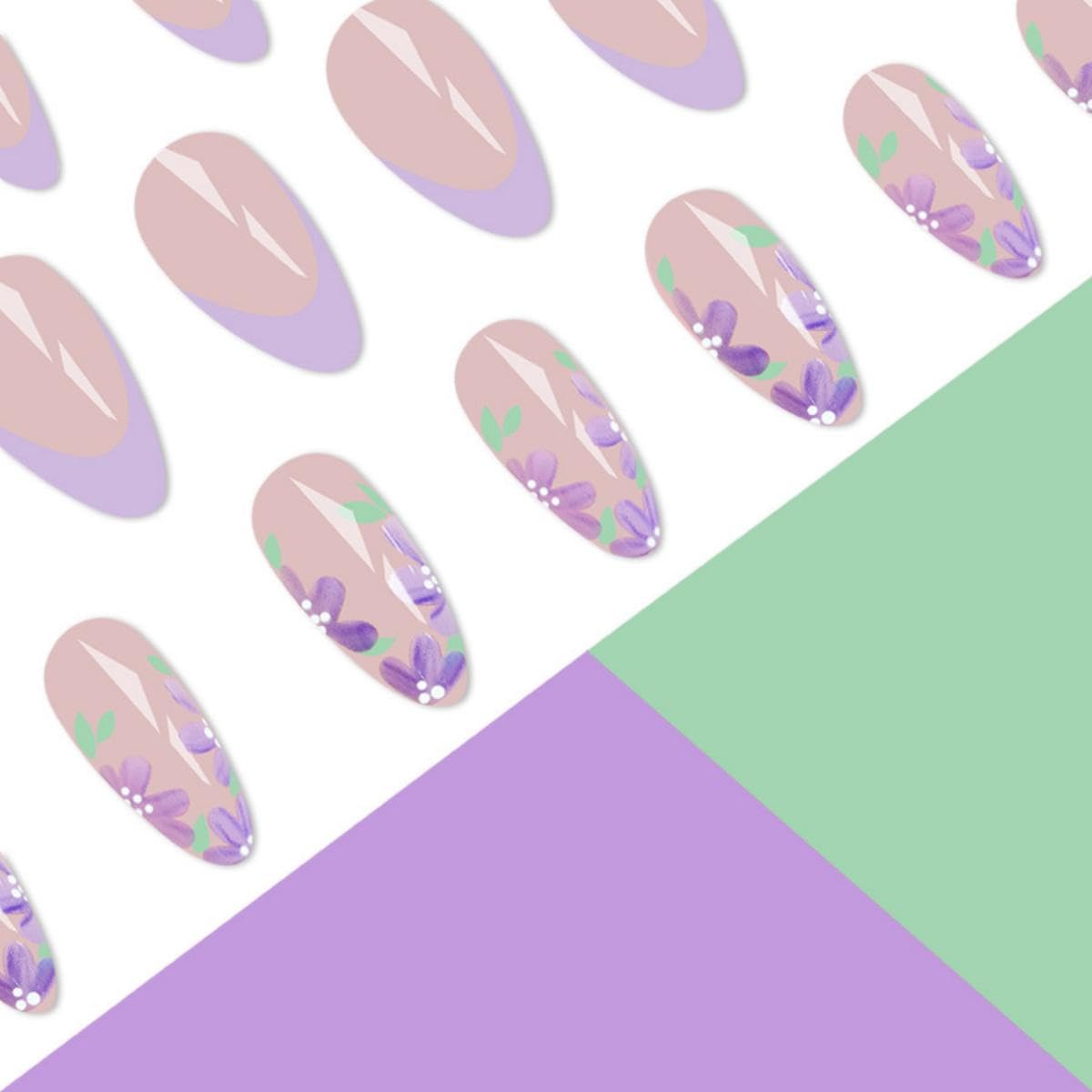 Purple French tips Press on Nails Medium Almond Fake Nails with Design Lilac Flower Glue on Nails Glossy Spring Nails Reusable Summer False Nails for Women Girls Manicure 24pcs - Image 4